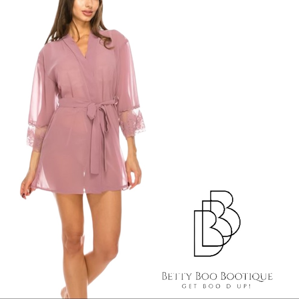 Sheer Mesh Robe Lace Trimmed Sleeves W/Panty NEW!
